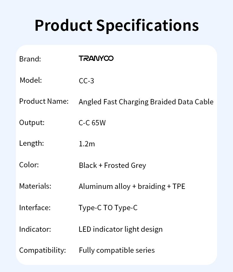 TRANYOO CC-3 Câble de données à fil plat tressé avec coque en aluminium coudé