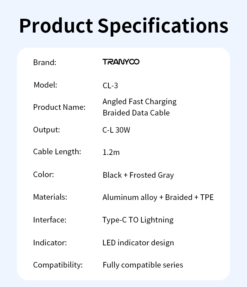 TRANYOO CL-3 Câble de données à fil plat tressé avec coque en aluminium coudé