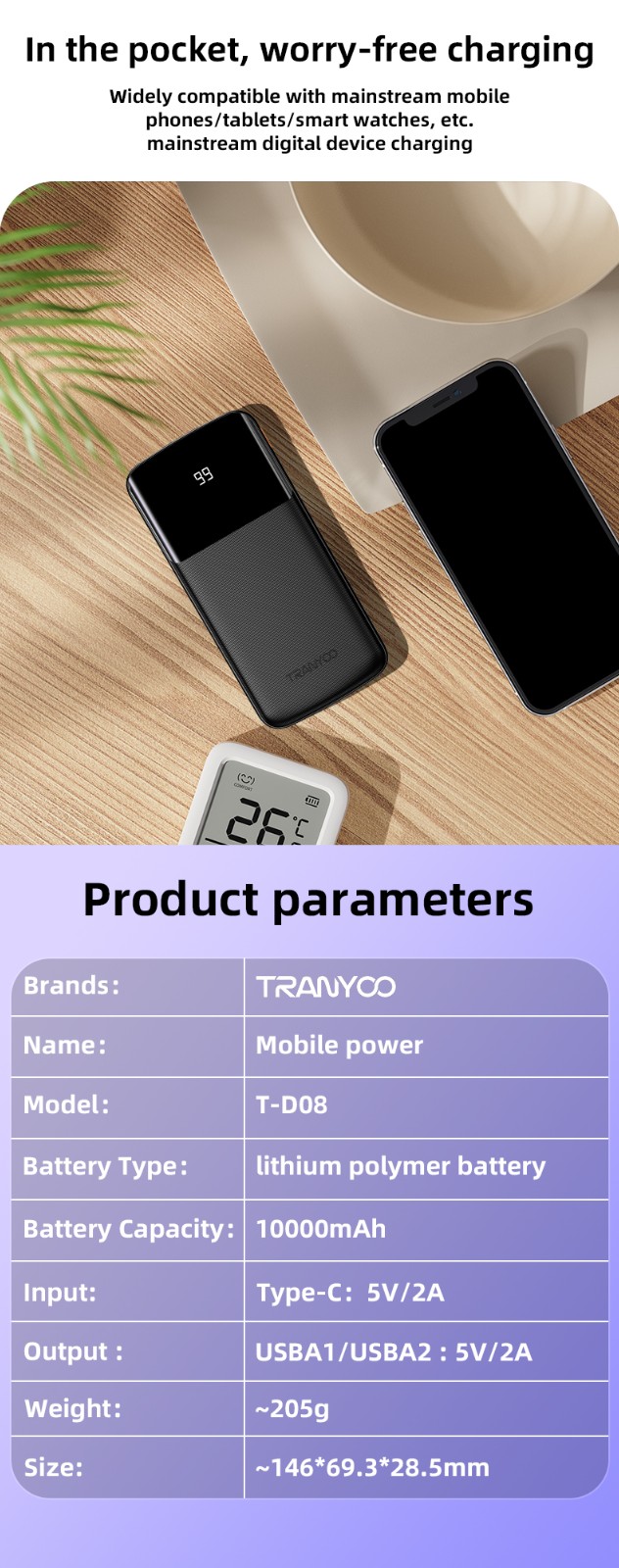 TRANYOO T-D08 Intelligent Power Bank yenye Onyesho la Dijitali