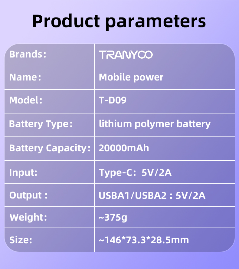 TRANYOO T-D09 Power Bank Intelligent avec affichage numérique