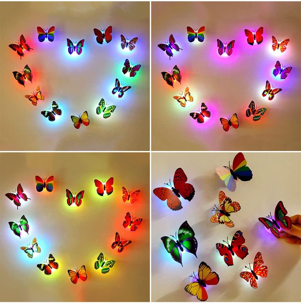 Stickers muraux 3D Papillon avec lumières et clignotants colorés – Décoration pour chambre de fille et maison