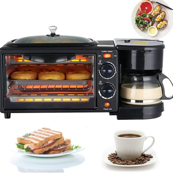 Machine à Petit Déjeuner 3-en-1 Cafetière 600 ml, Grille-Pain (100°C à 230°C), Poêle à Frire Antiadhésive et Machine à Sandwich Portable - Idéale pour un Petit Déjeuner Rapide et Savoureux à Domicile