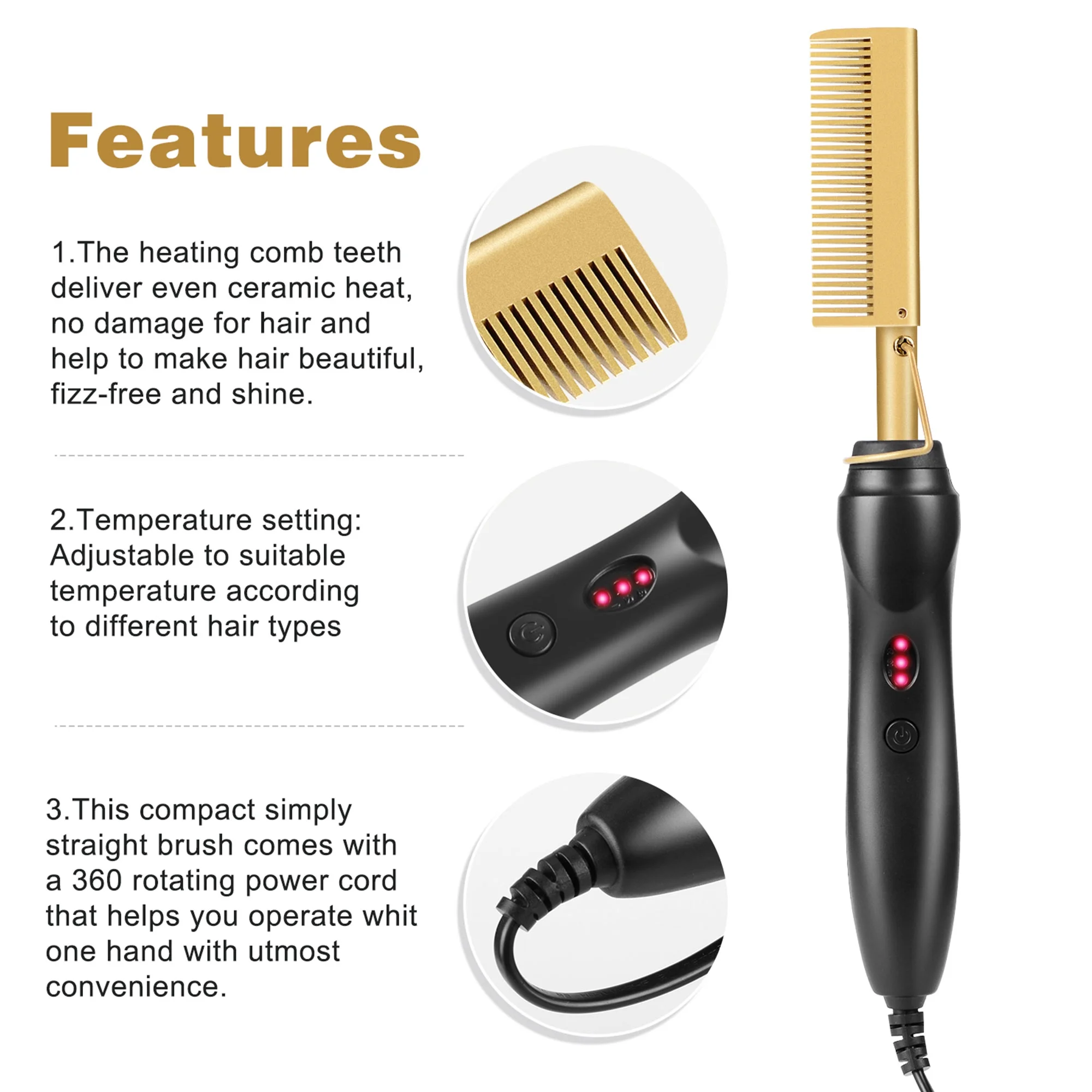 Peigne Chauffant Lissant | Céramique | Anti-Brûlure | 110V | Noir & Or 3 - CHAPCHAP Africa - CHAPCHAP Africa