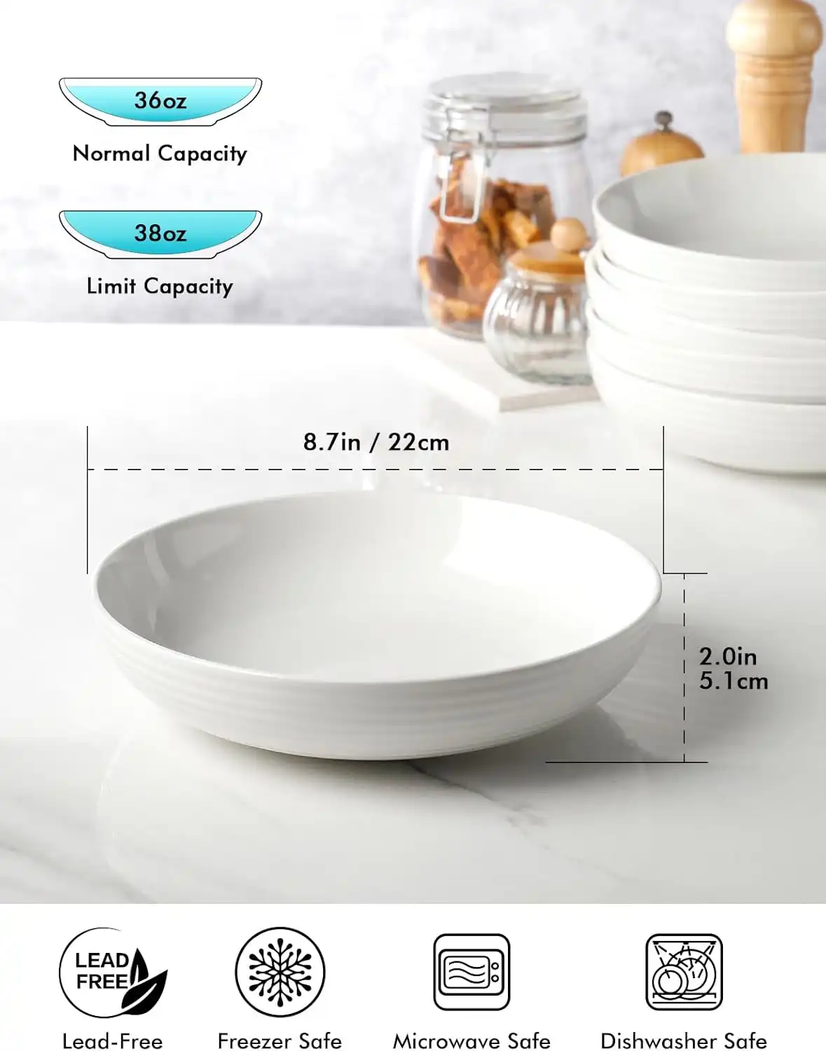 Plat de Service Circulaire Blanc - 27cm - Lot de 6 Bols à Pâtes en Céramique – 38 oz / 1,1 L | Assiettes Creuses Blanches 8,7" (22 cm) – Micro-ondes & Lave-vaisselle 6 - CHAPCHAP Africa - CHAPCHAP Africa